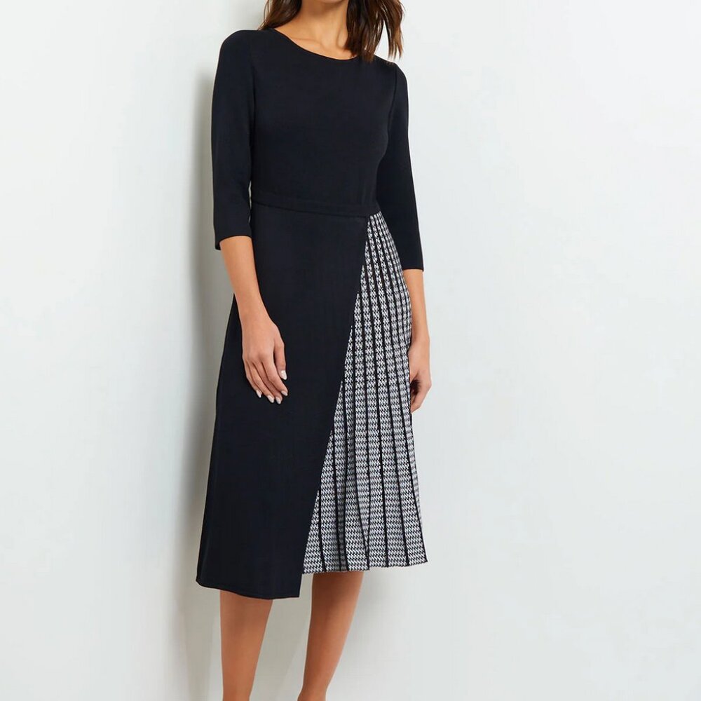 NWT Misook Pleated Contrast Panel Knit Dress Black White Size L fits 14 or 16